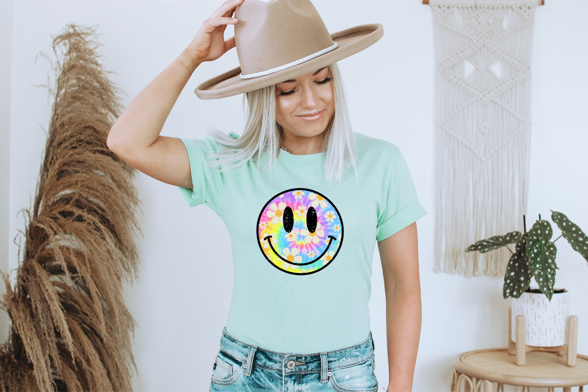 Tie dye happy face with daisies DTF TRANSFER
