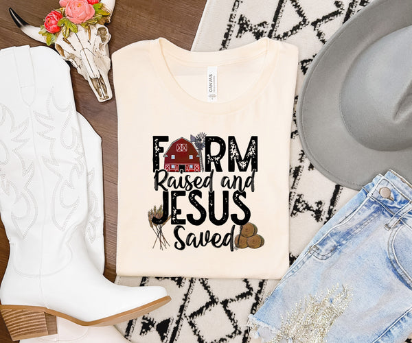 Farm raised and Jesus saved red barn hay black font DTF TRANSFER