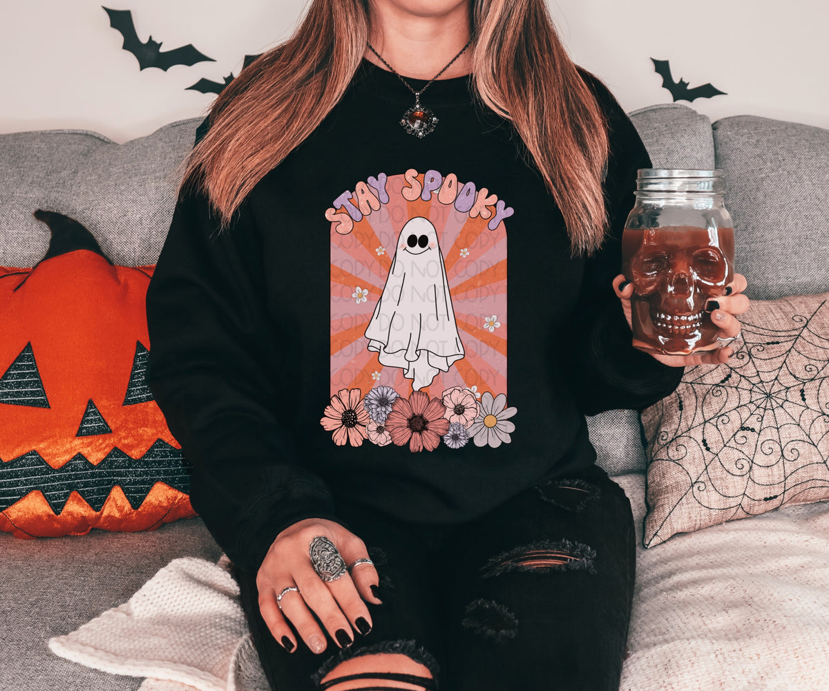 Stay spooky retro background ghost with florals  2733 DTF TRANSFER