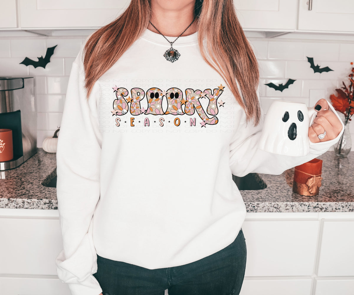 Spooky season retro with skull and flowers DTF TRANSFER