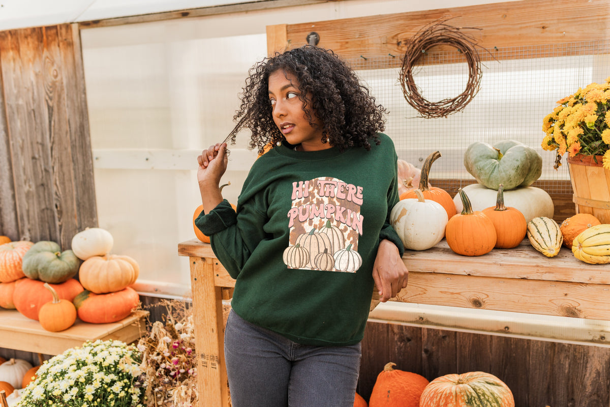 Hi there pumpkin pink with cowhide background 5 pumpkins 1707 DTF TRANSFER