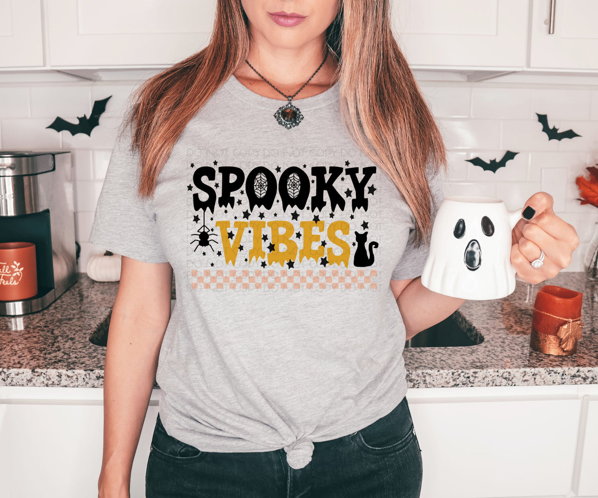 Spooky vibes blackand orange spider, stars, cat checkered 2761 DTF TRANSFER