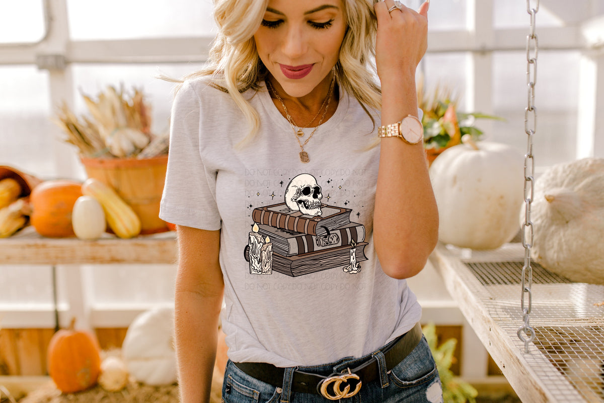 Stacked books candles and skull 2757 DTF TRANSFER