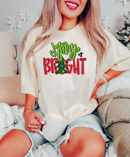 Merry and bright green and red font with tree DTF Transfers