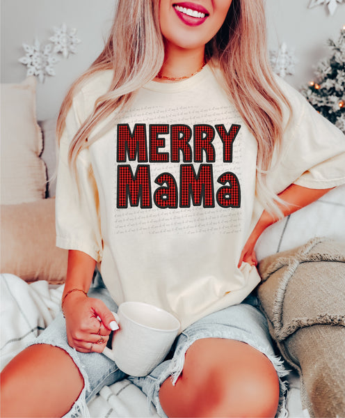 Merry mama red checkered faux embroidery DTF TRANSFER