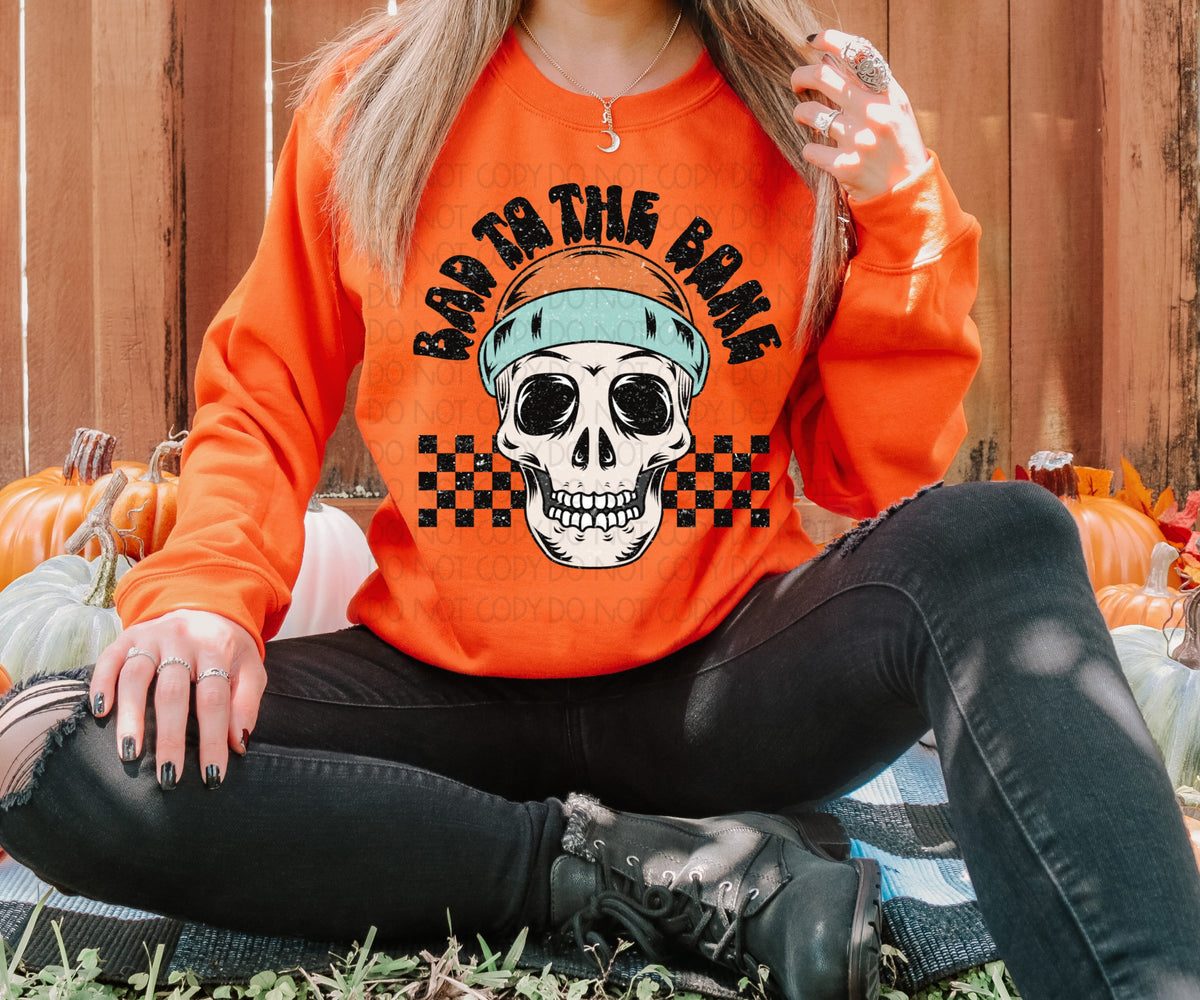 Bad to the bone skull with blue orange beanie DTF TRANSFER