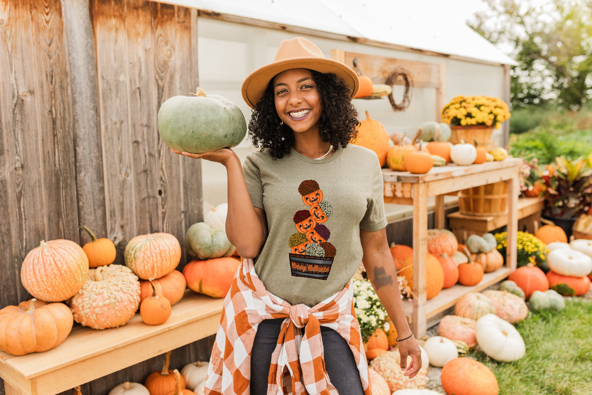 Happy halloween bucket of stacked pumpkins with flowers DTF TRANSFER