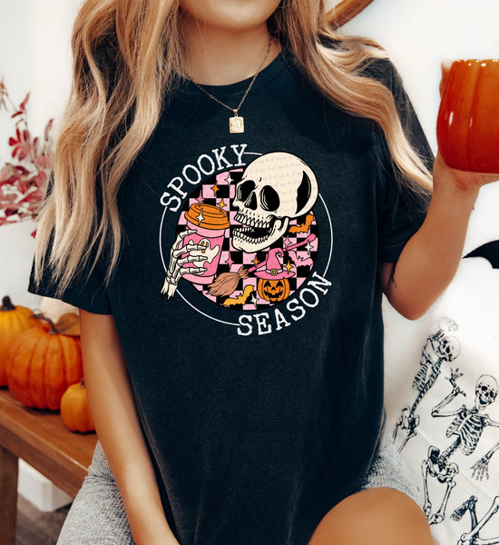 Spooky season WHITE font circle skeleton DTF TRANSFER