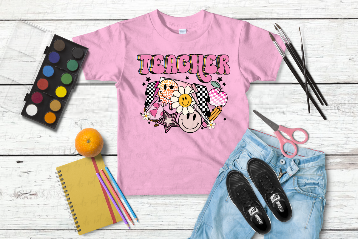 Teacher PINK Retro school supplies 2103 DTF TRANSFER