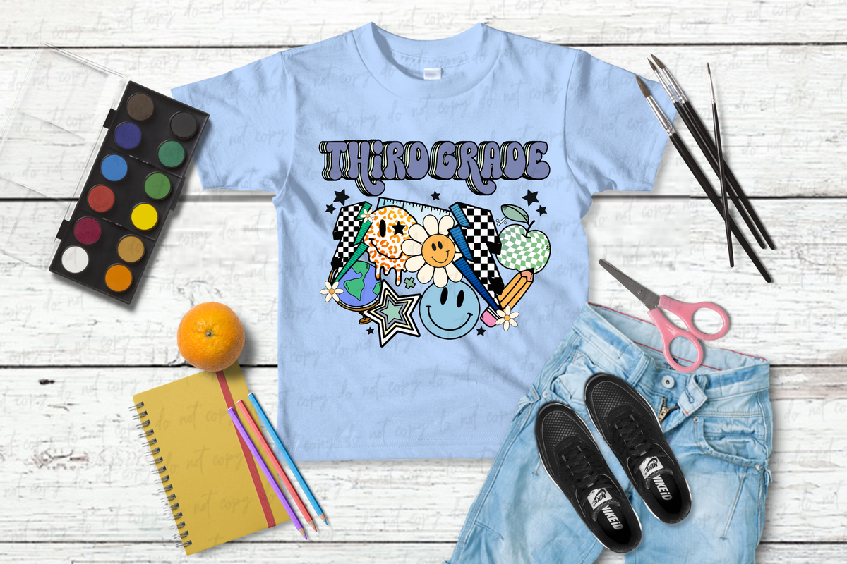 Third Grade BLUE Retro school supplies 2115 DTF TRANSFER