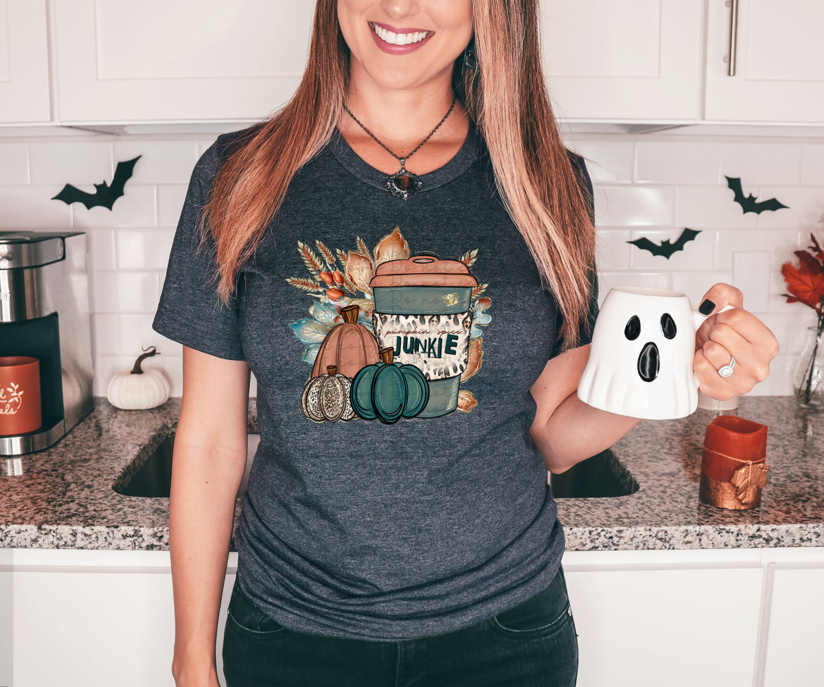 Junkie (coffee cup, trio pympkins, fall florals) 2546 DTF TRANSFER