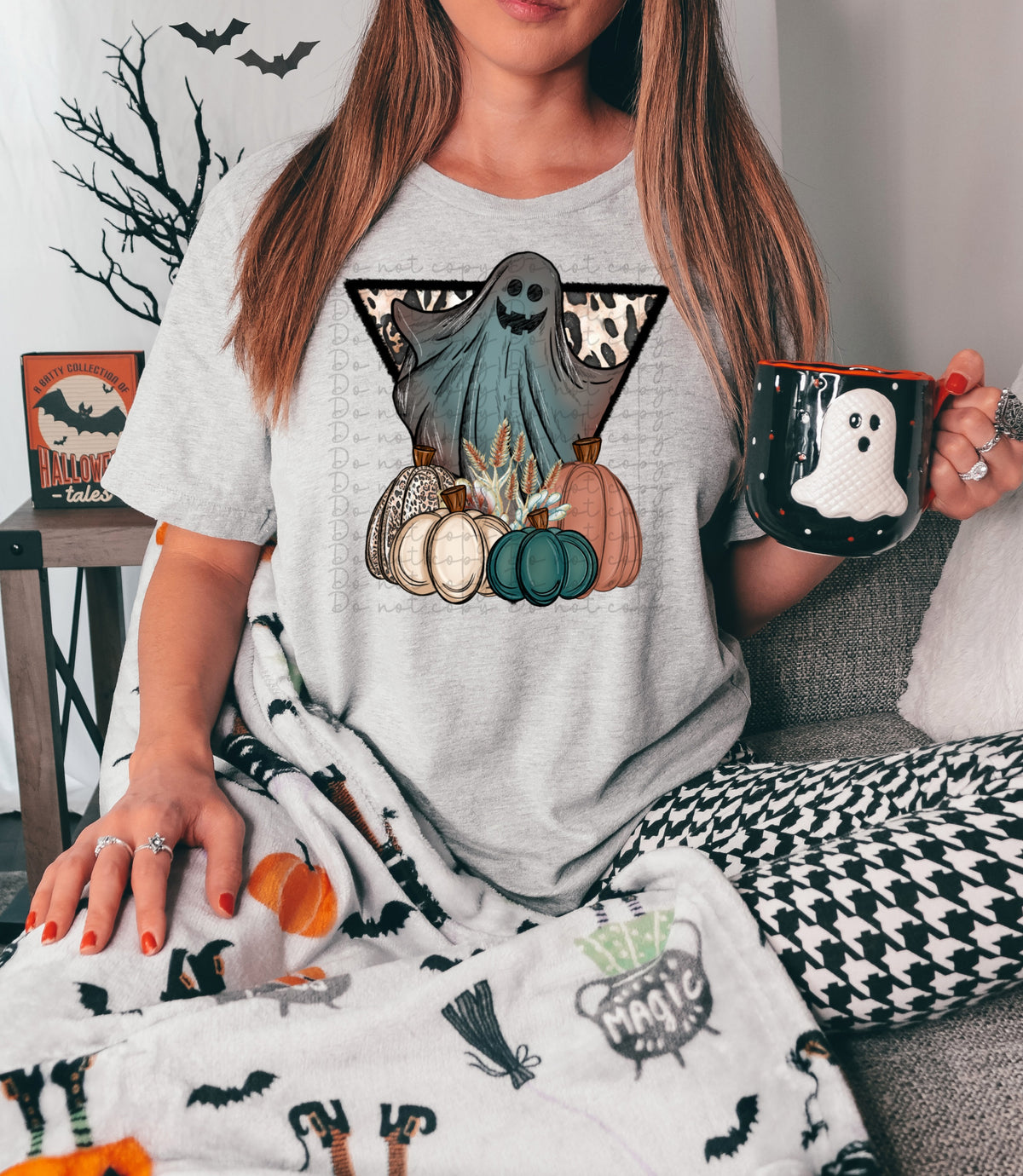 Ghost inside leopard triangle with fall pumpkins 2565 DTF TRANSFER