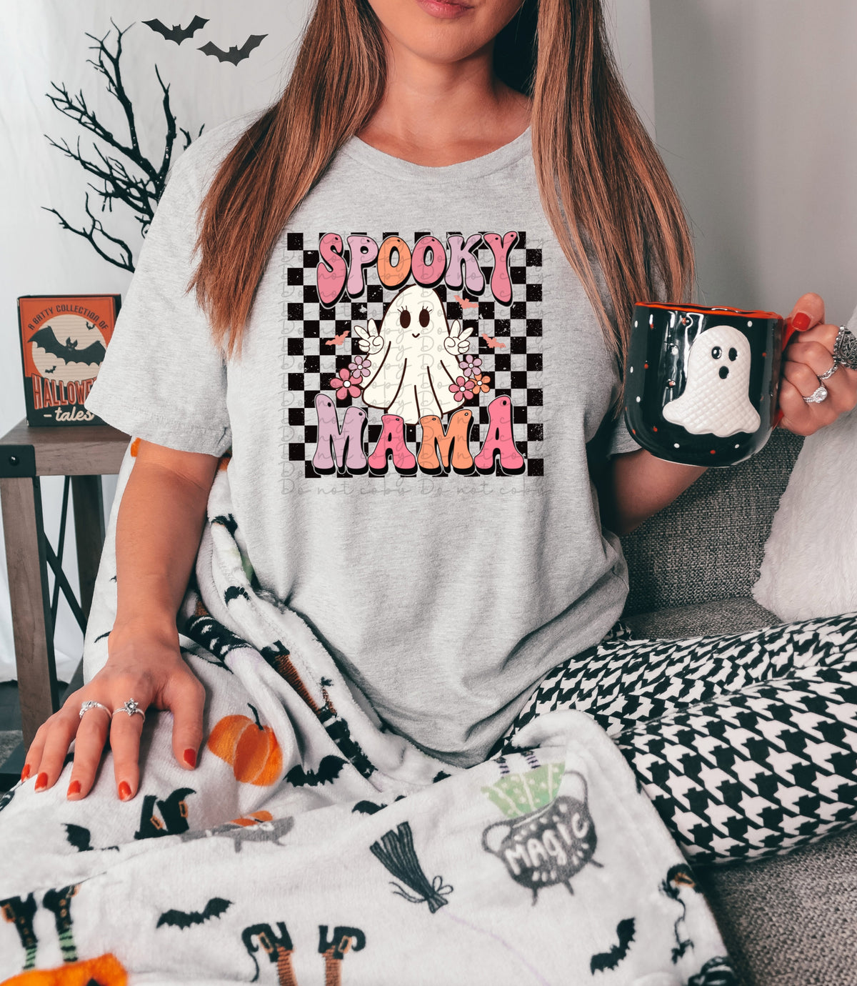 Spooky mama groovy ghost with pastel flowers checkered background 2624 DTF TRANSFER