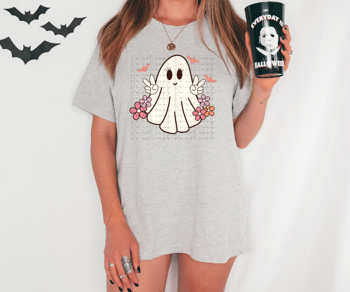 Groovy ghost with pastel flowers and bats 2613 DTF TRANSFER