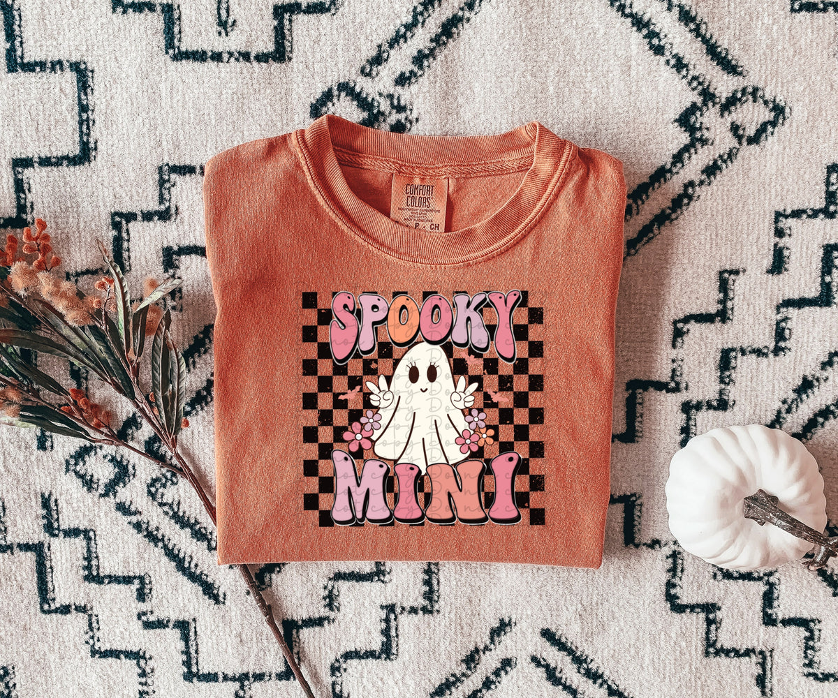 Spooky Mini groovy ghost with pastel flowers and chckered background 2622 DTF TRANSFER
