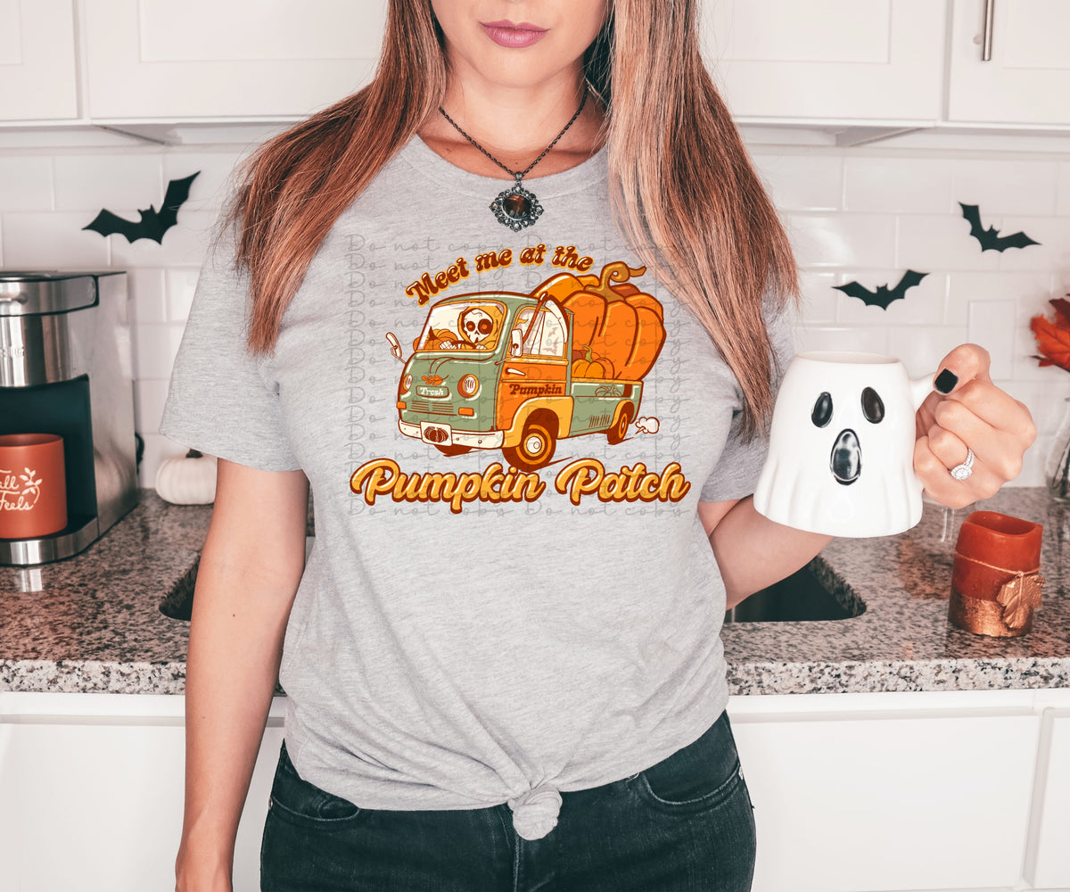 Meet me at the pumpkin patch (truck with pumpkin and skellie driving) 2584 DTF TRANSFER