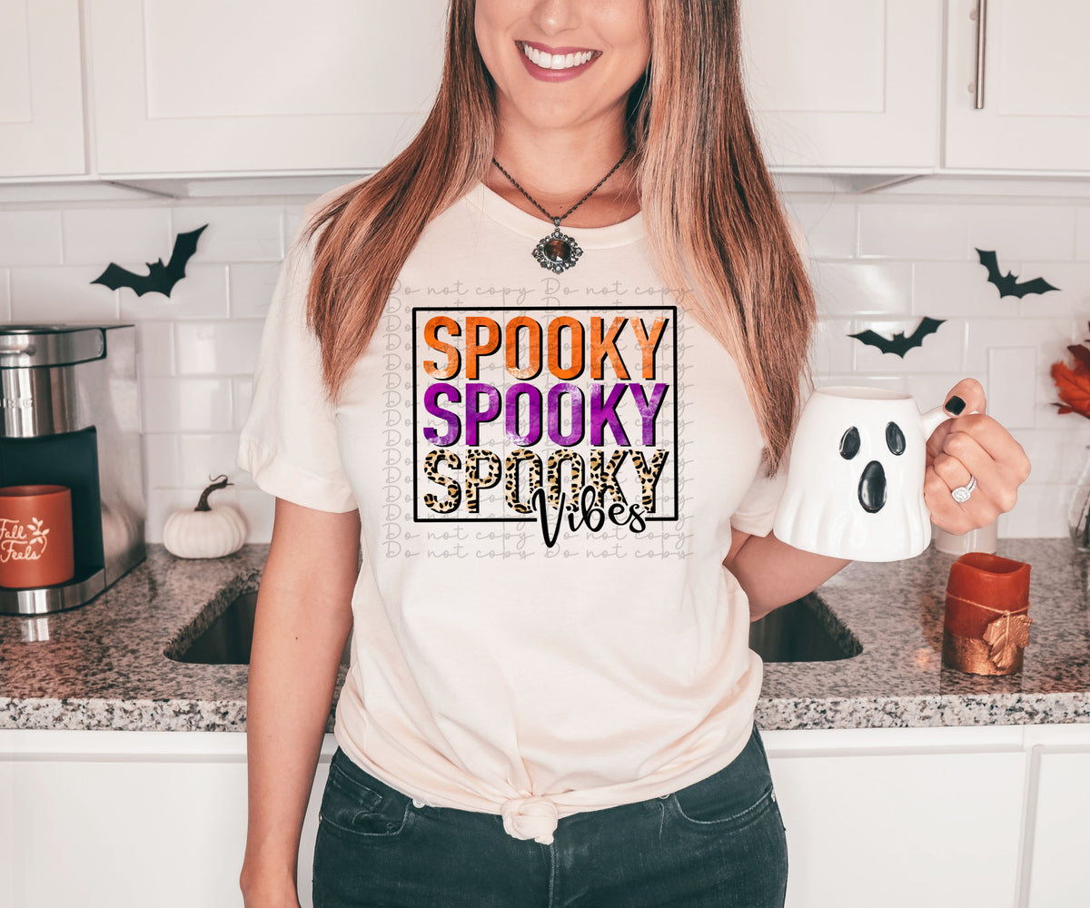 Spooky vibes stacked in square (orange, purple and leopard words)  2585 DTF TRANSFER