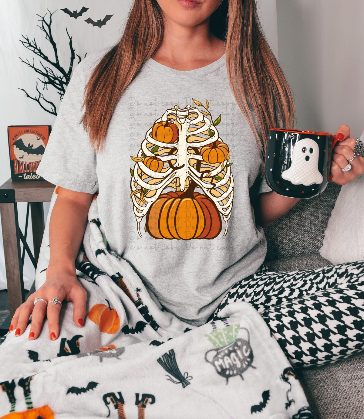 Skeleton ribcage with pumpkins 2597 DTF TRANSFER