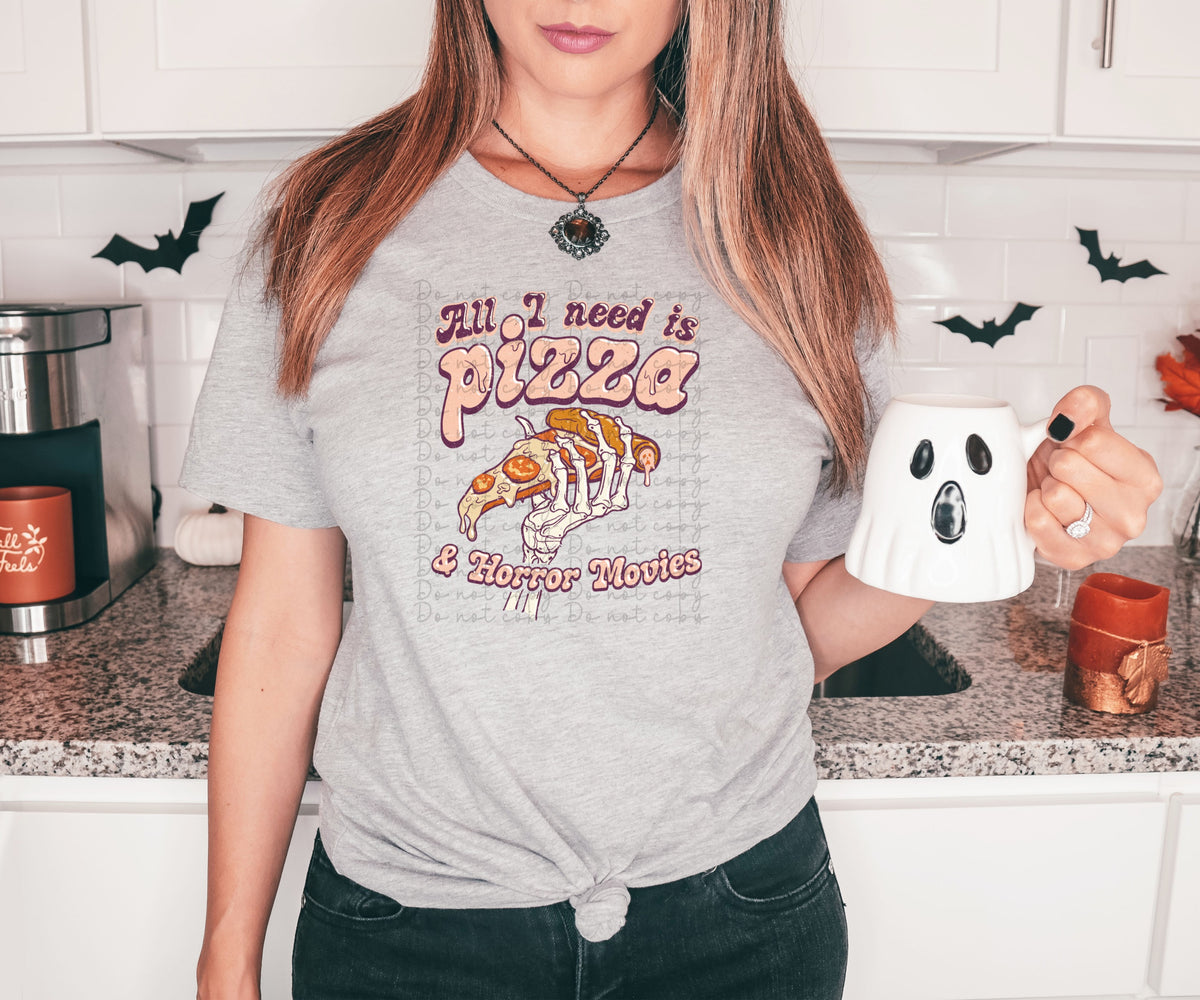 All i need is pizza and horror movies skellie hand with pizza 2595 DTF TRANSFER