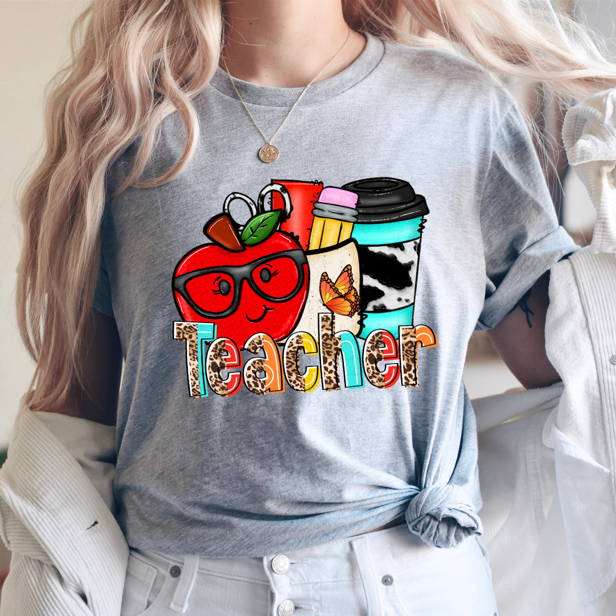 Teacher boho (apple with glasses, cow print cup) 2948 DTF TRANSFER