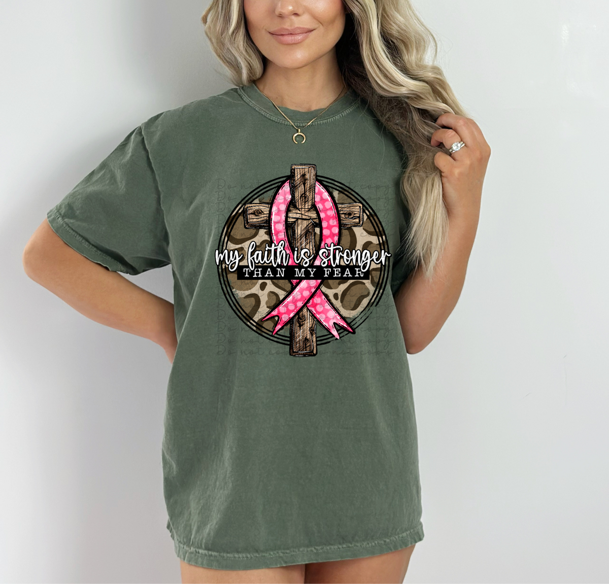 My faith is stronger than my heart (pink ribbon, leopard filled circle, cross) 10035 DTF TRANSFER