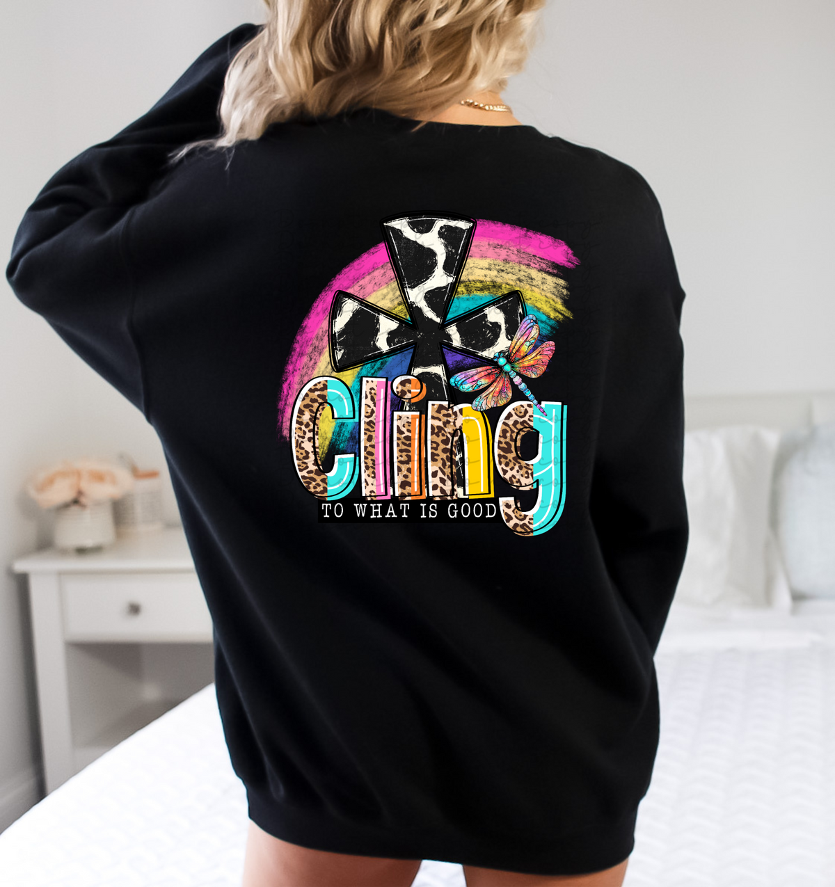 Cling to what is good (rainbow cow print cross) 10020 DTF TRANSFER