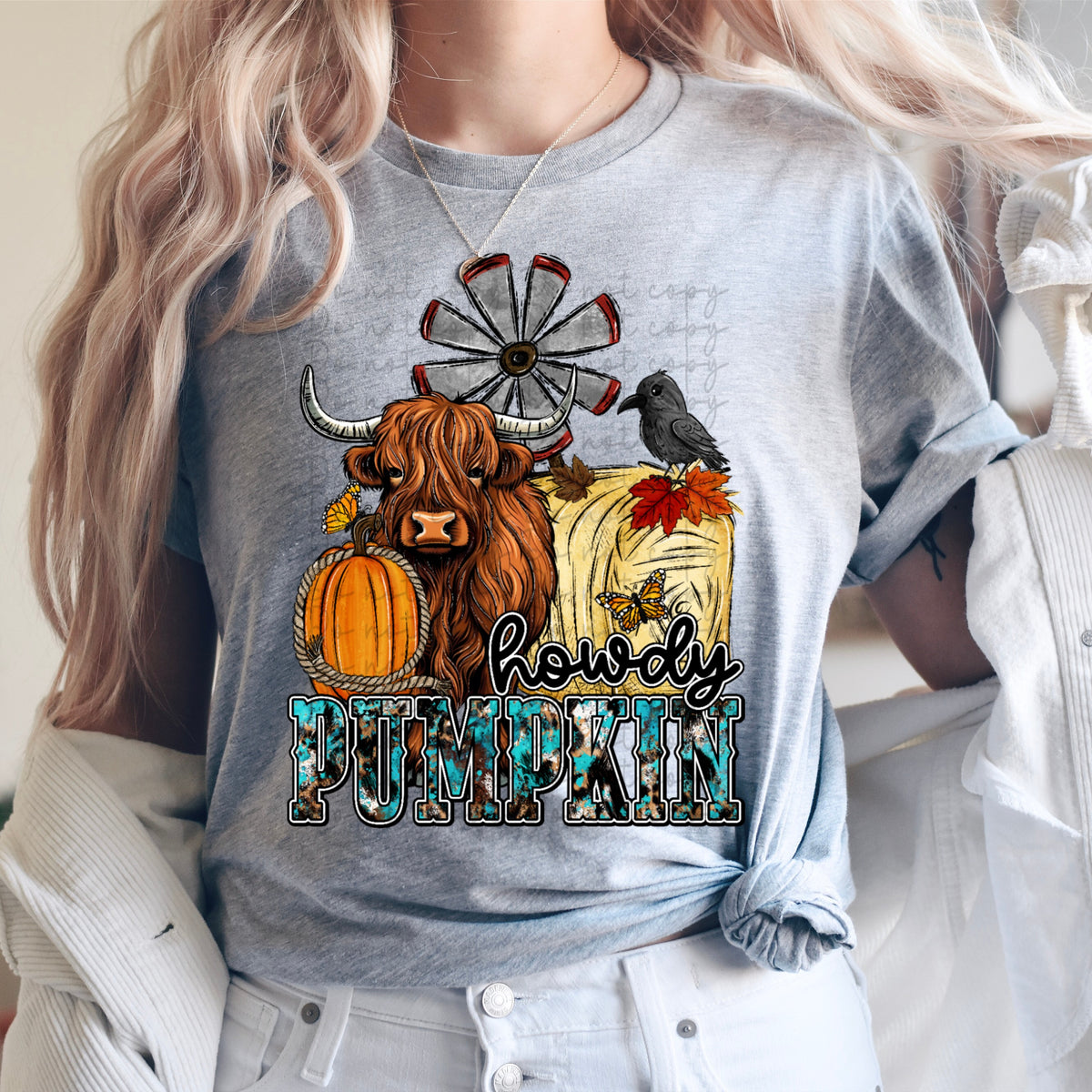 Howdy pumpkin ( shaggy cow, hay, pumpkin, windmill) 10016  DTF TRANSFER