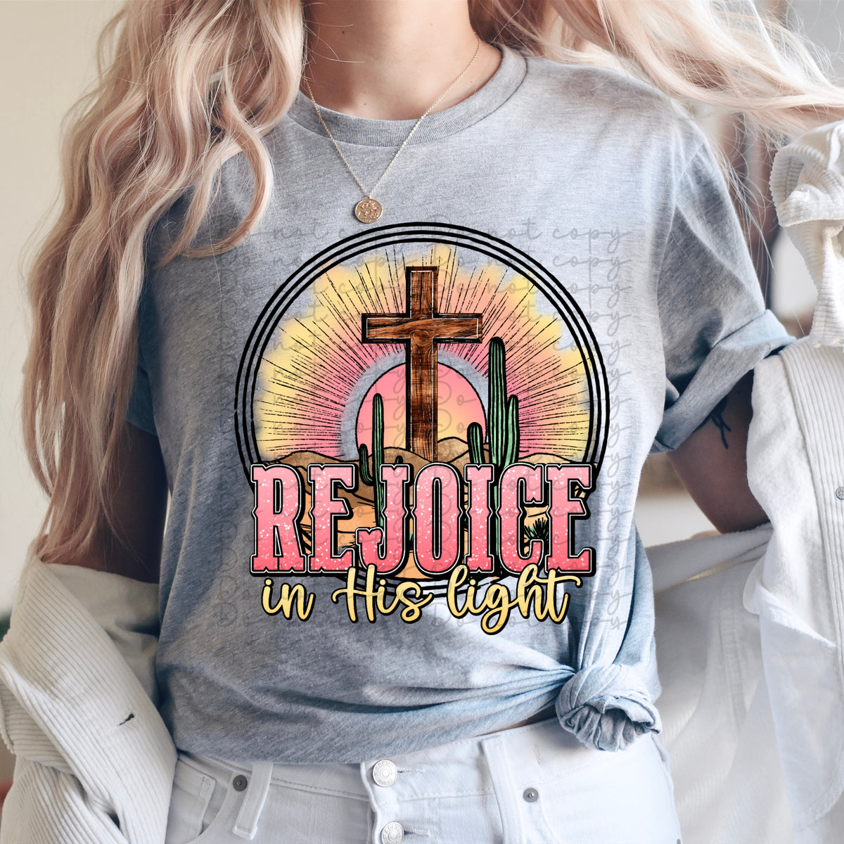 Rejoice is his light (circle with sun, cactus and cross) 10018  DTF TRANSFER