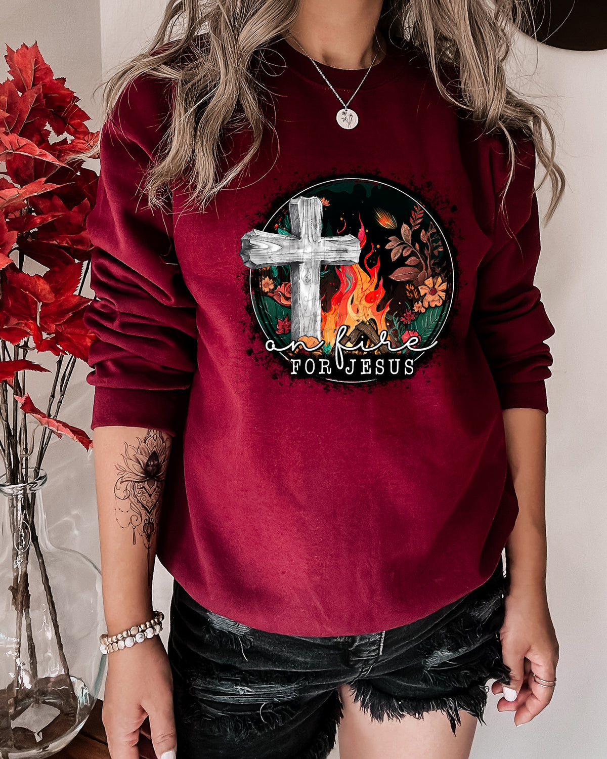 On fire for Jesus (circle, fire, cross, florals)  10026 DTF TRANSFER