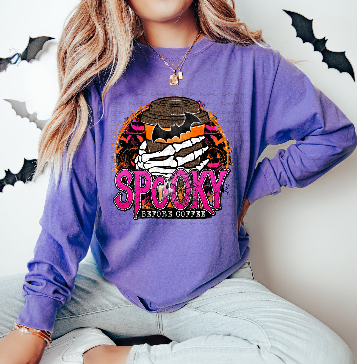 Spooky before coffee (cup, skellie hand, circle with bats) 10030 DTF TRANSFER