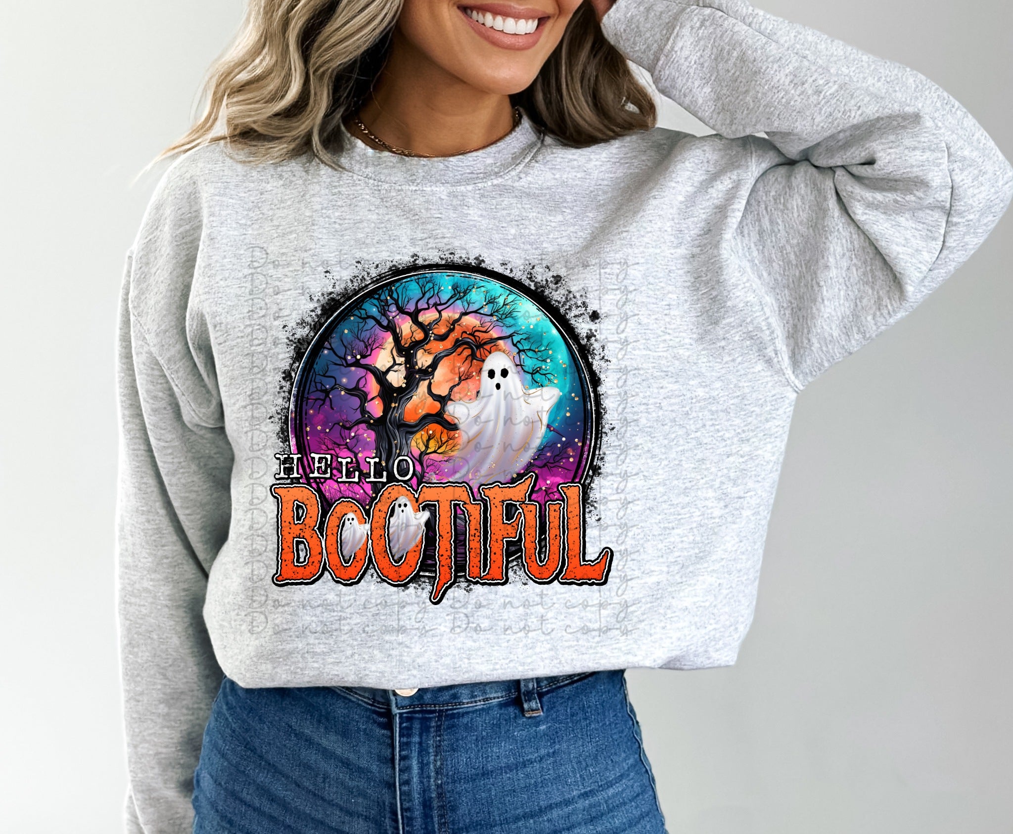 Hello bootiful (circle with ghost and spooky tree) 10060 DTF TRANSFER ...