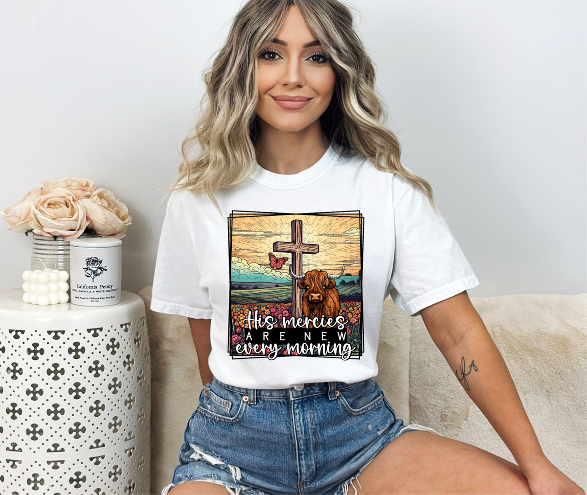 His mercies are new every morning (shaggy cow, cross, butterflyin square) 10052  DTF TRANSFER