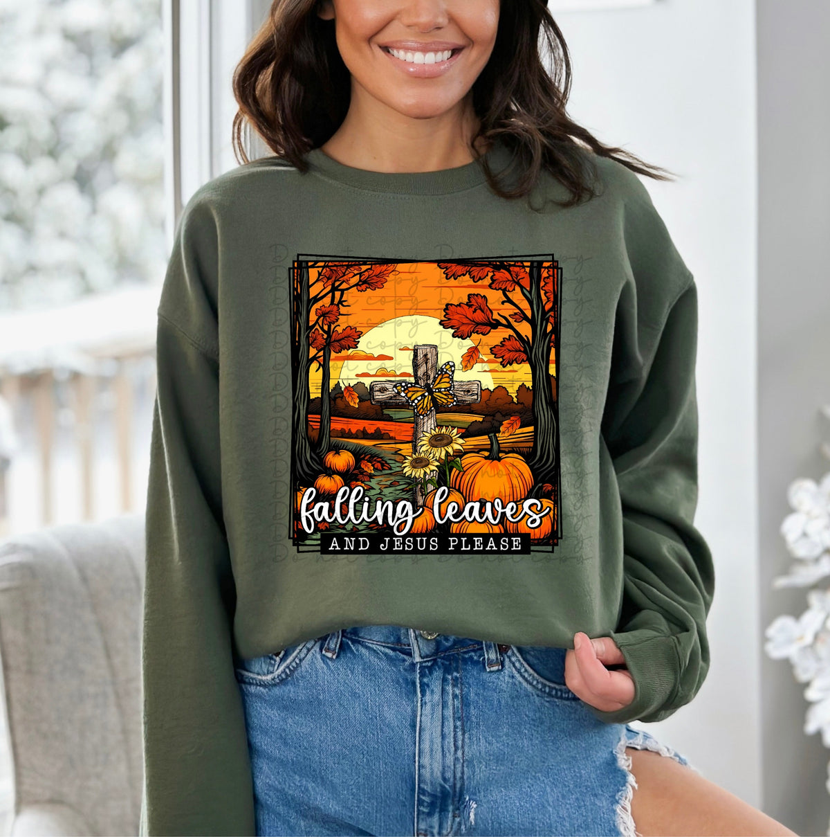 Falling leaves and Jesus please (fall scenary with cross inside of square) 10076 DTF TRANSFERS
