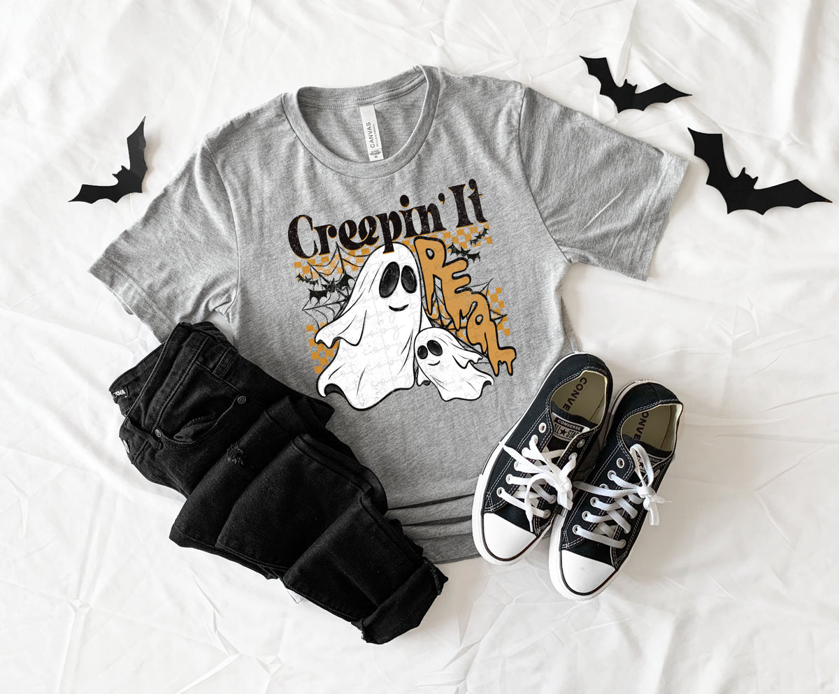 Creepin' it real (two ghosts orange checkered) 10182 DTF TRANSFERS