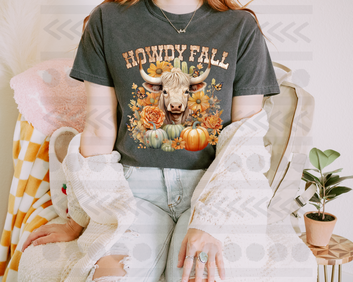 Howdy fall cow with sunflowers and pumpkins 14015 DTF transfer