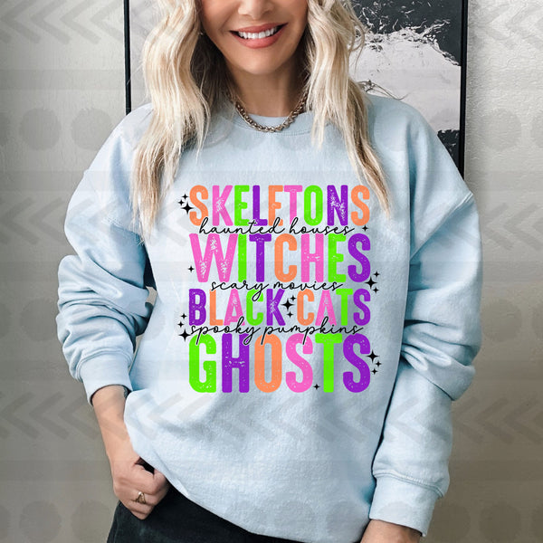 Skeletons witchws black cats ghost bright colors  14075  DTF transfer
