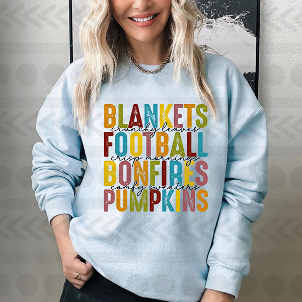 Blankets crunchy leaves football crips mornings bonfires co.fy sweaters pumpkins multicolor  14073  DTF transfer