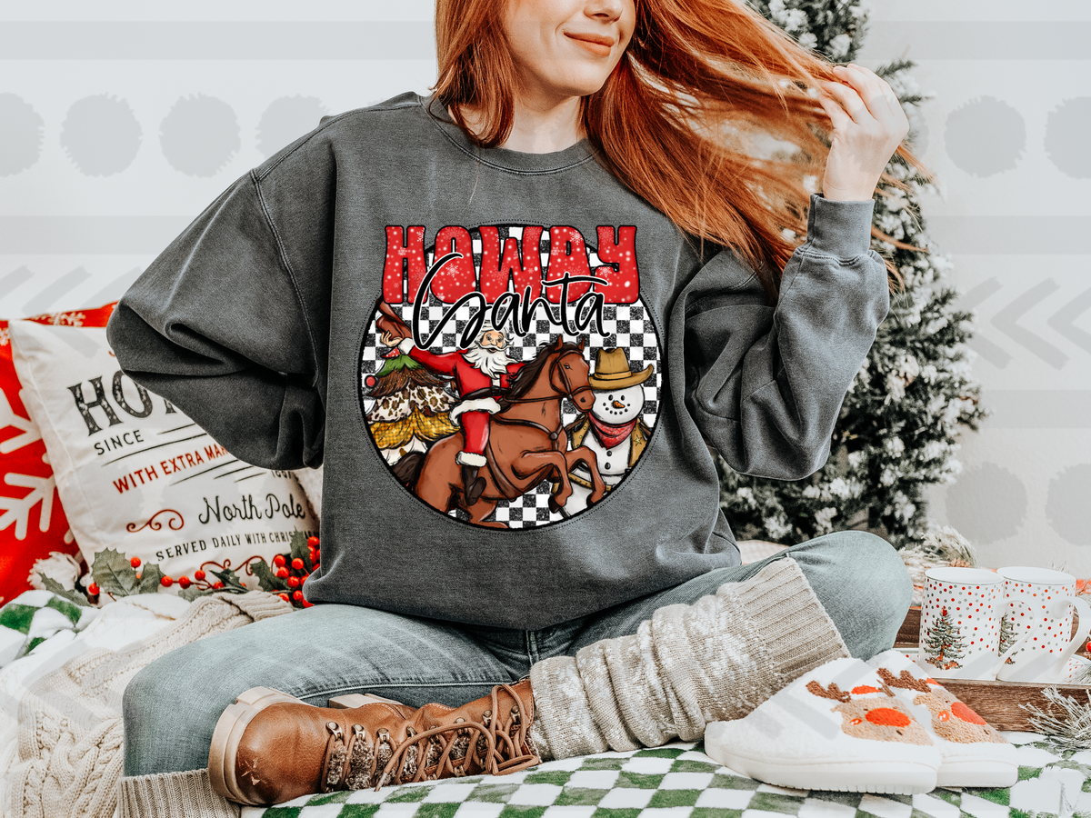 Howdy Santa checkered circle 14069  DTF transfer