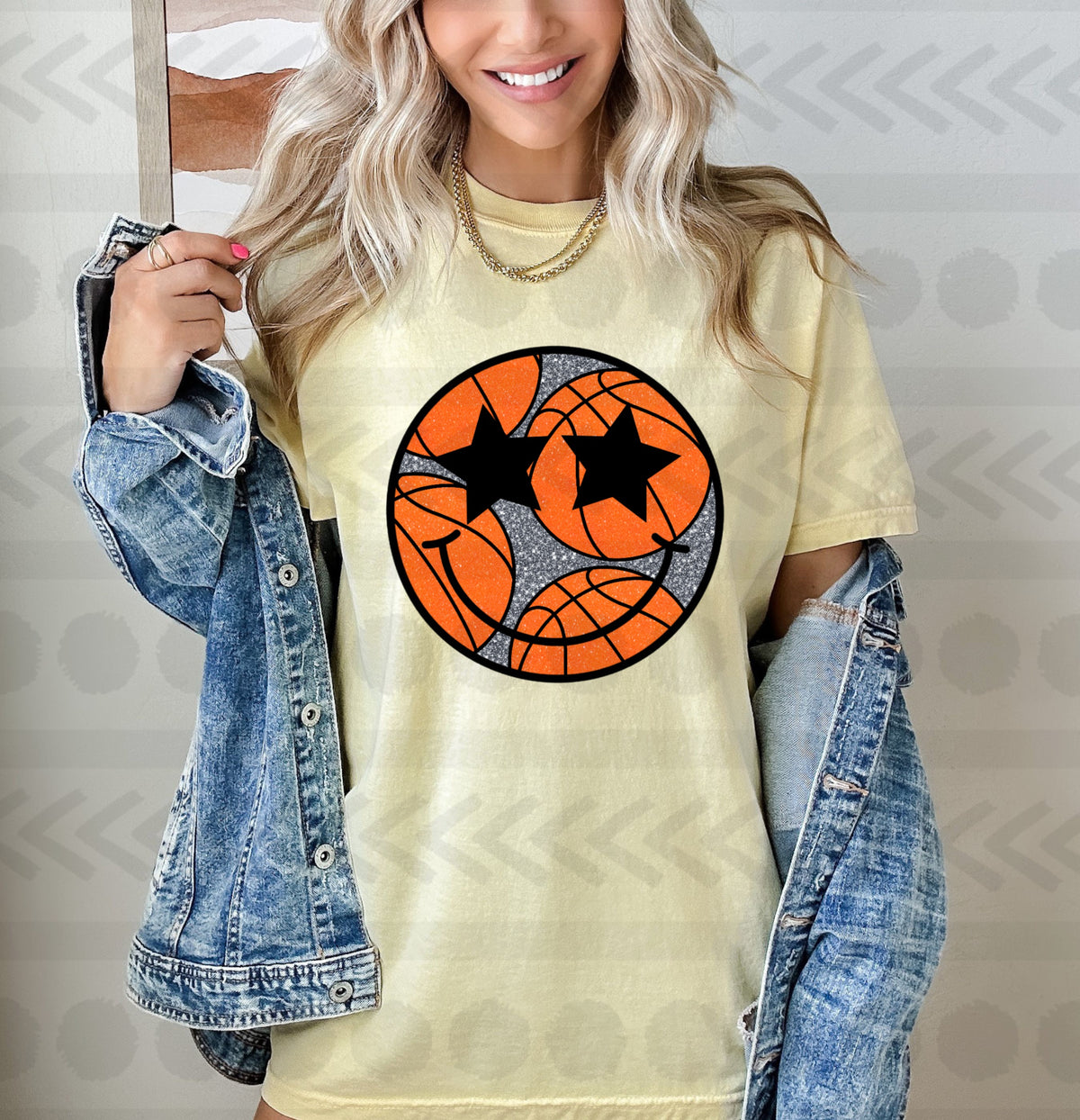 Basketball smiley face with glitter 14188 DTF transfer