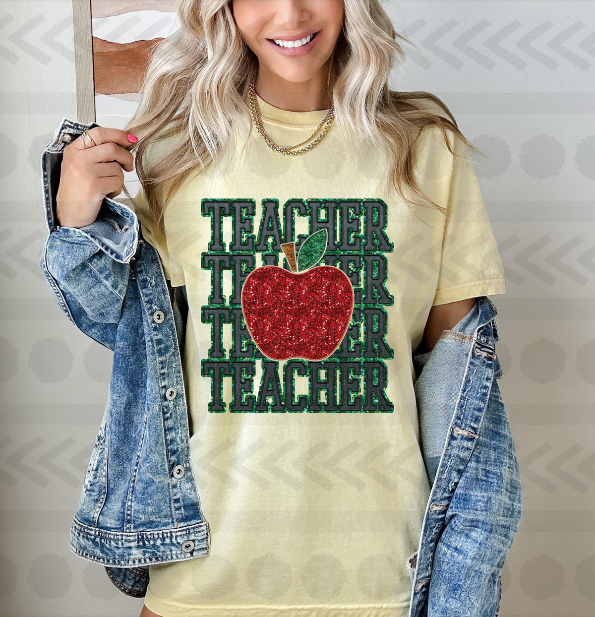 Teacher stacked with apple glitter  14185 DTF transfer