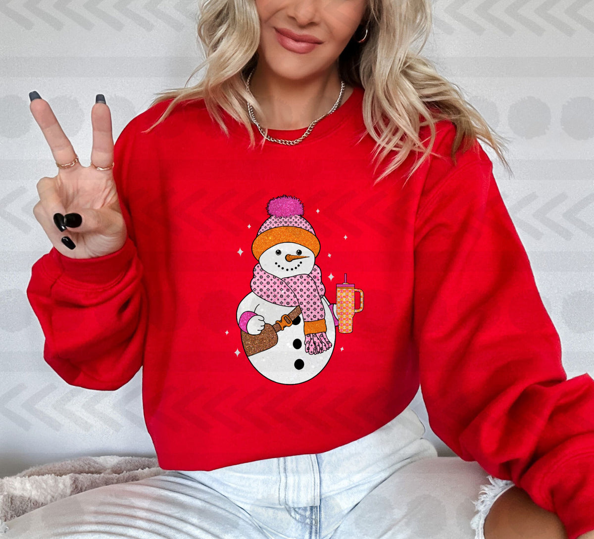 Snowman with cup and bag (pink and orange hat and scarf) 14208 DTF transfer