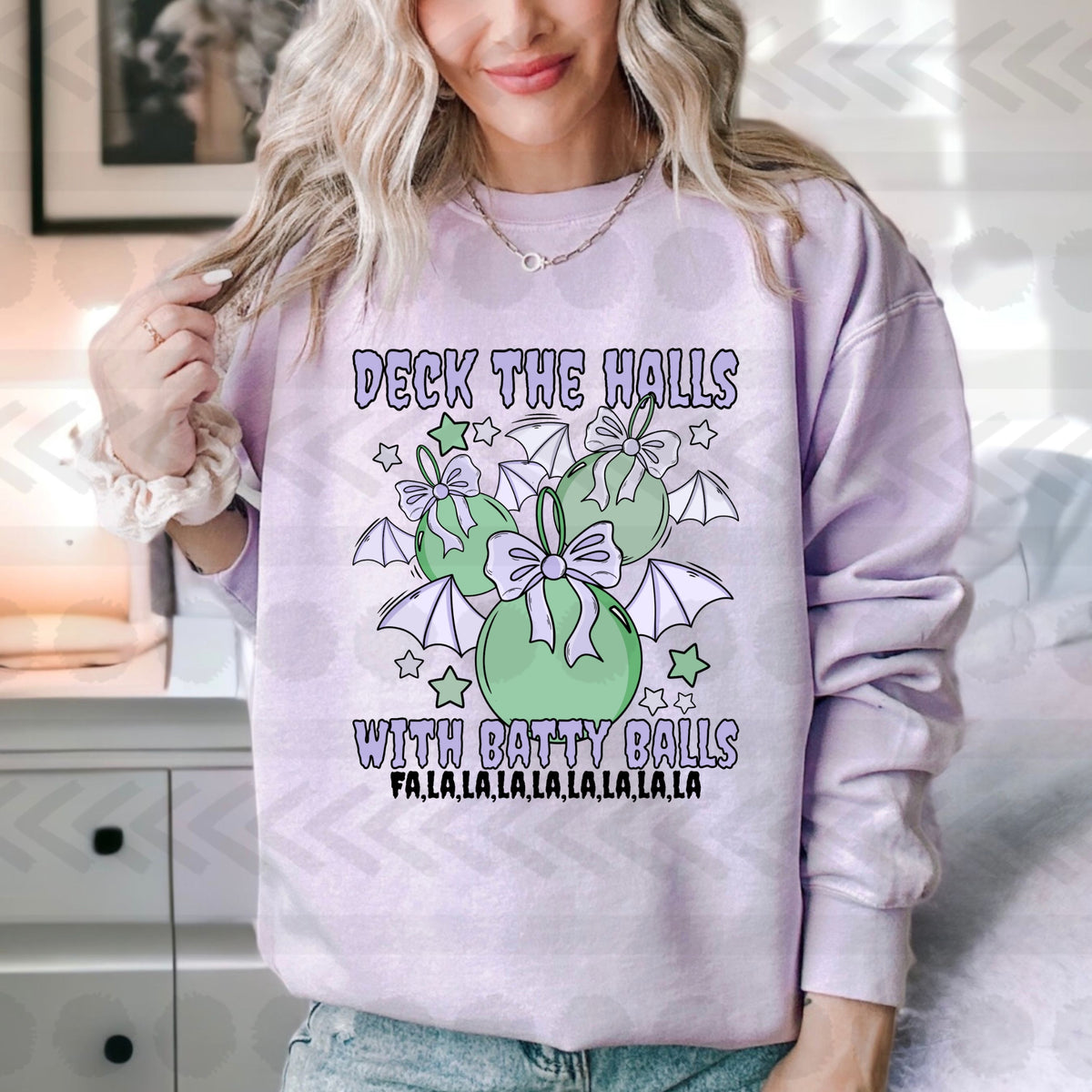 Deck the halls with batty balls PURPLE 14225 DTF transfer