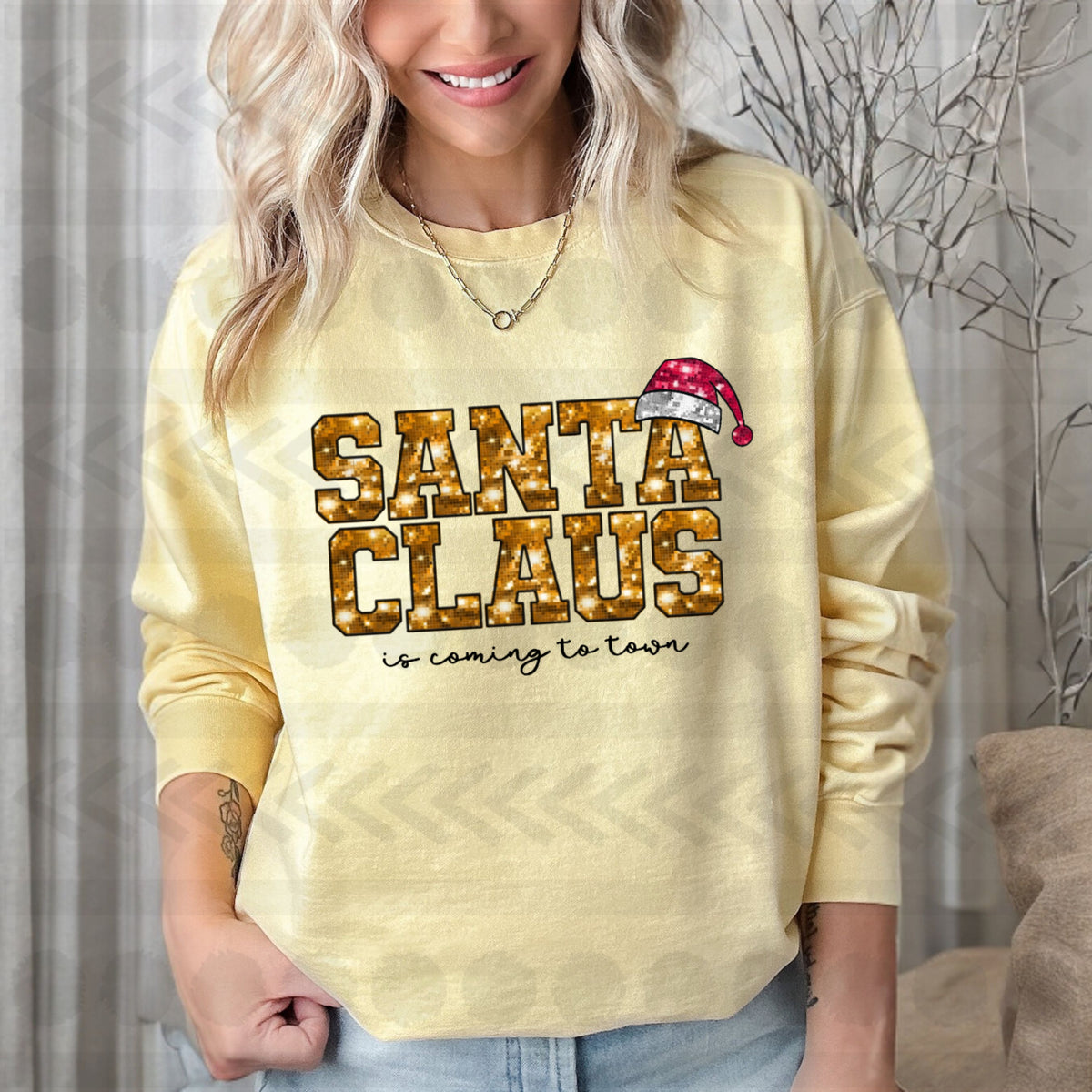 Santa claus is coming to town gold glitter faux 14249 DTF transfer