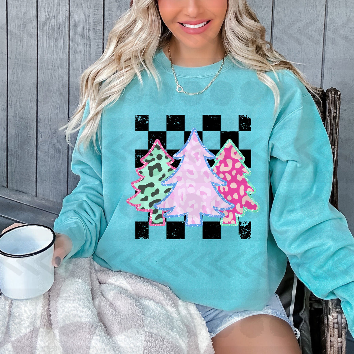 Leopard trio trees checkered background 14393  DTF Transfer