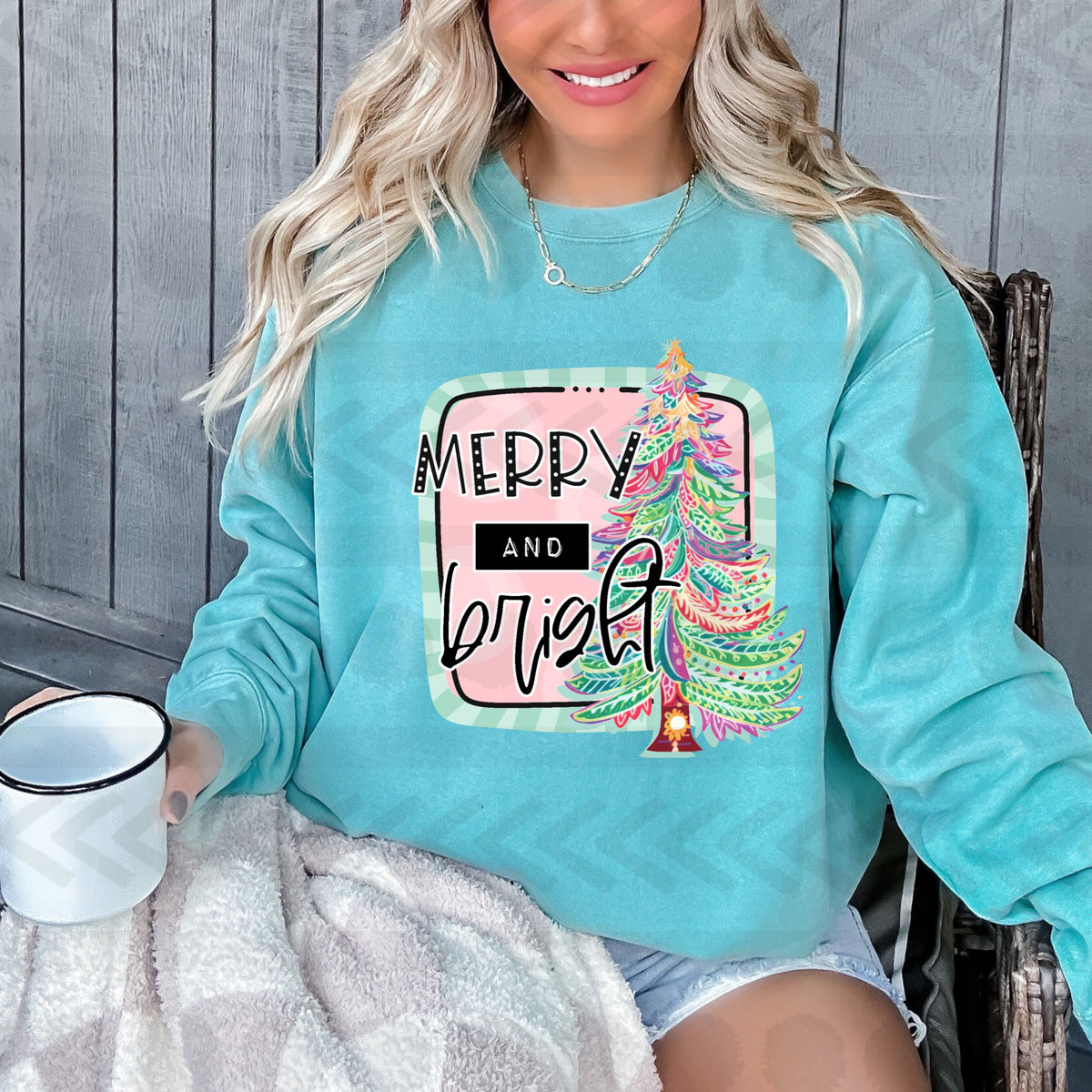 Merry and bright doodle tree pink background 14418 DTF Transfer