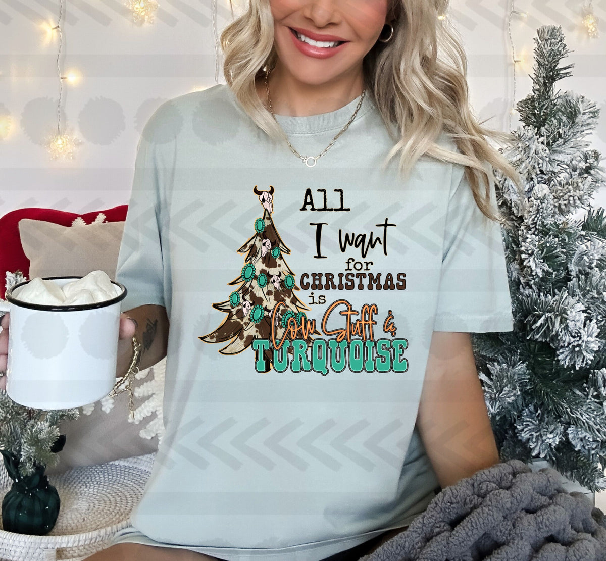 All i want for christmas is cow stuff and turquoise western tree 14354 DTF Transfer
