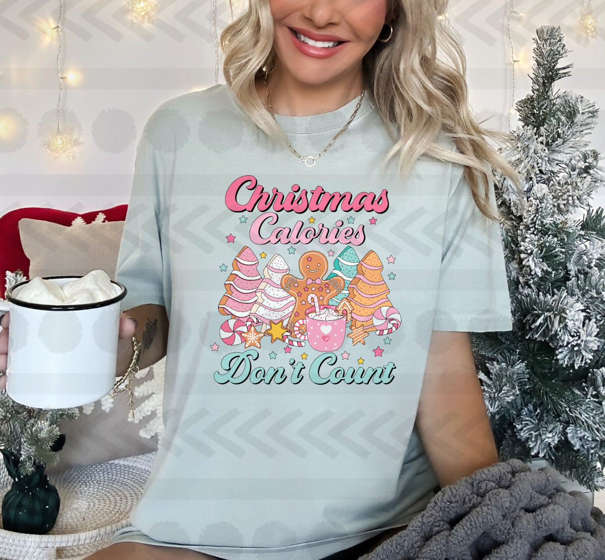 Christmas calories dont count PINK and BLUE writing 14401  DTF Transfer