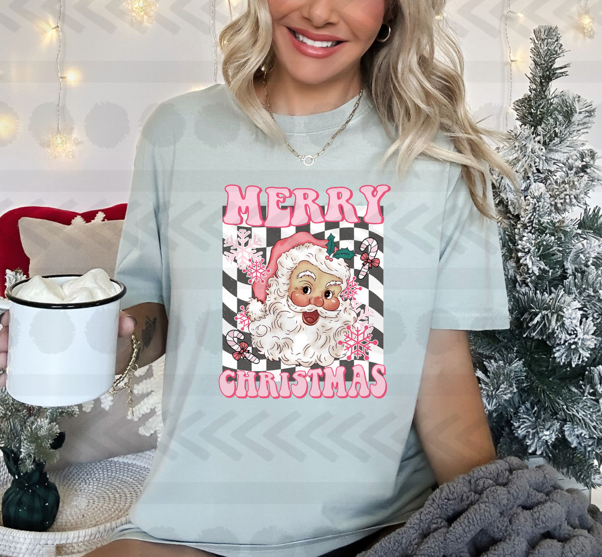 Merry christmas with santa checkered background PINK 14400  DTF Transfer