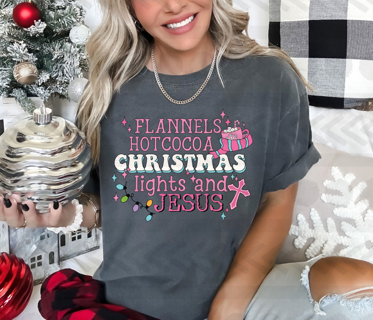 Flannels hot cocoa christmas lights and jesus pink and blue 14362 DTF Transfer