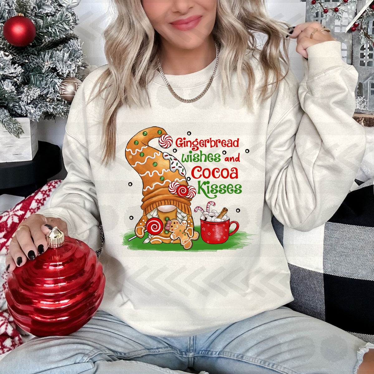 Gingerbread gnome wishes and cocoa kisses (could be a front or back) 14422 DTF Transfer